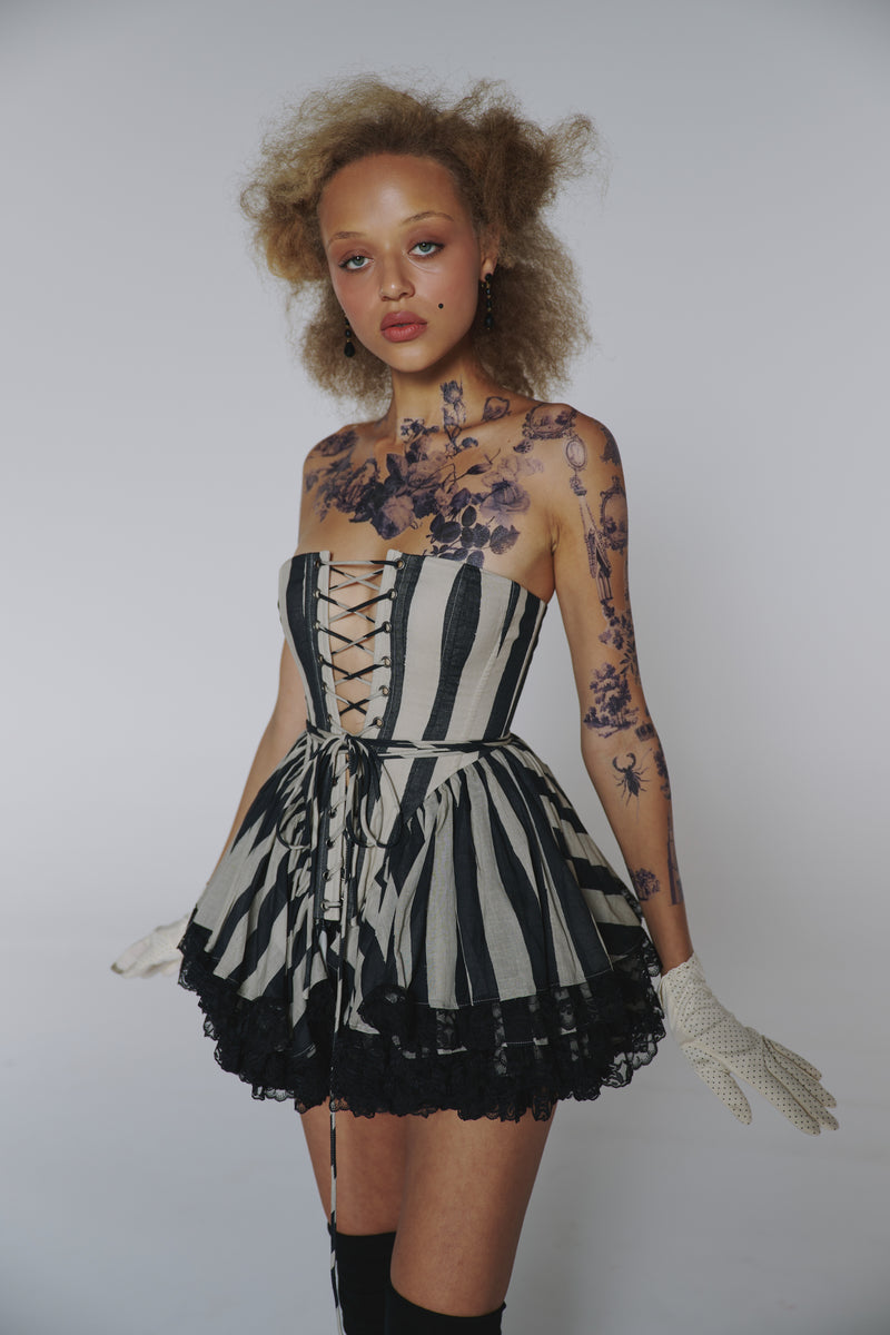 black and white striped corset dress Damsel In This Dress (DiTD) Black & White Stripe Courtier Overbust Corset