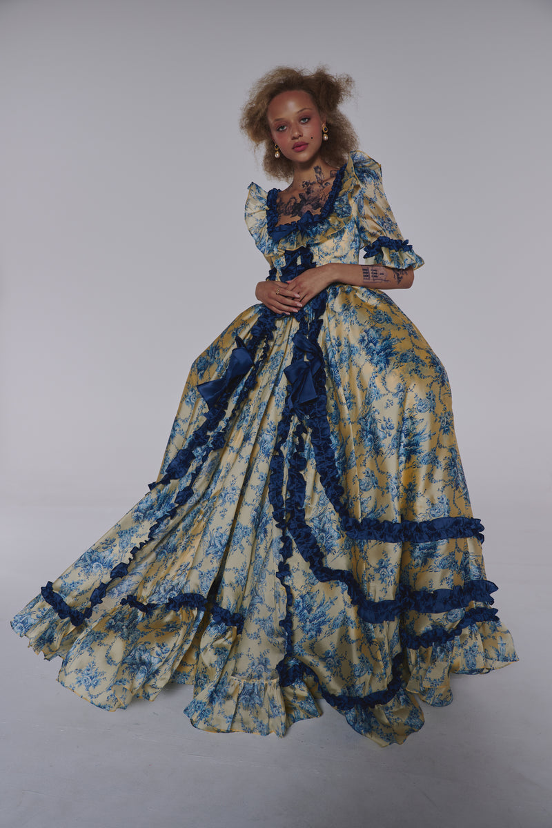 Selkie Women's Silk Satin Gown with Bustle, Blue, XXS