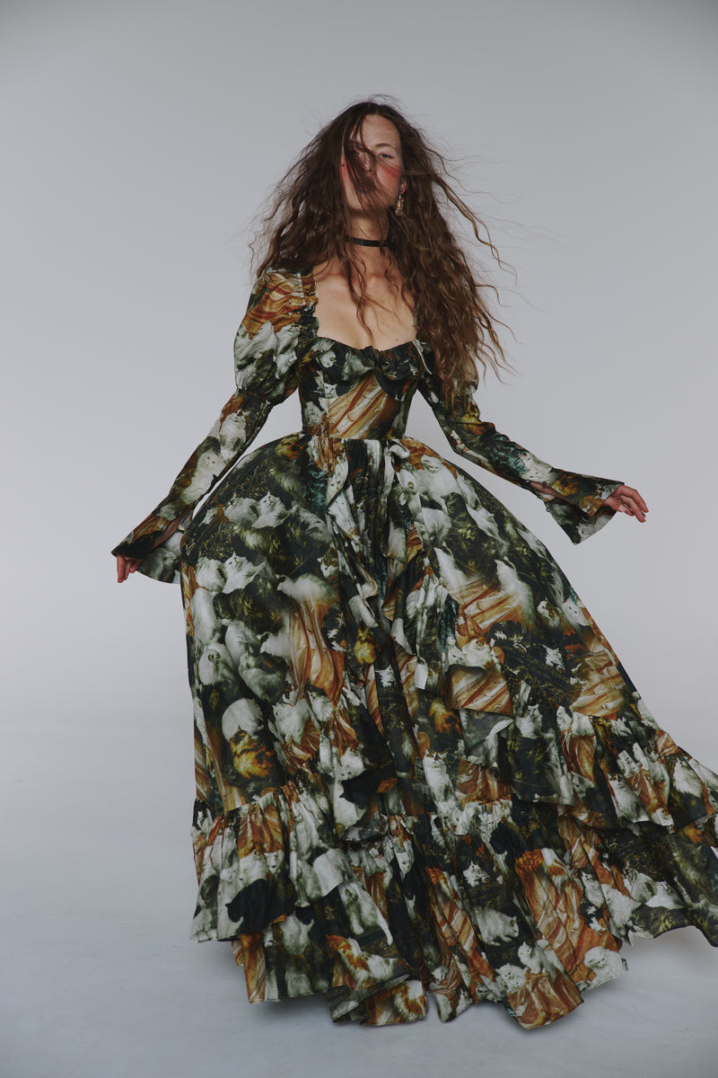 selkie long sleeve dress Selkie Women's Organdy Silk Gown with Lace Trim and Puff Sleeves for Women