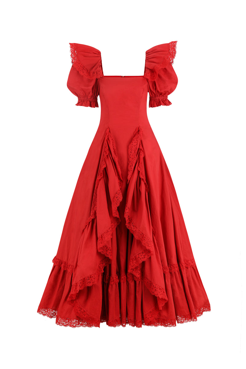 Selkie Women's Red Paper Cotton Midi Dress with Lace Detail, M