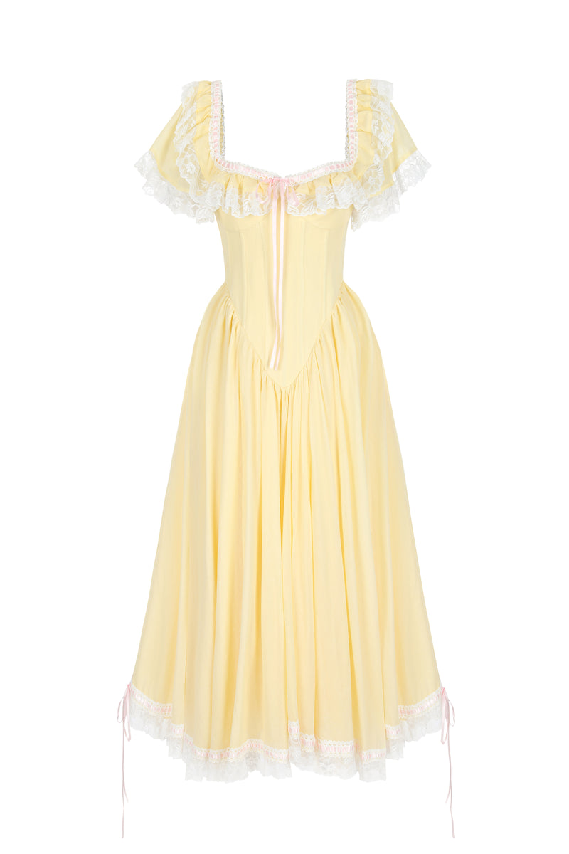 Selkie Women's Custard Yellow Sheer Cotton Gauze Corset Midi Dress, XS