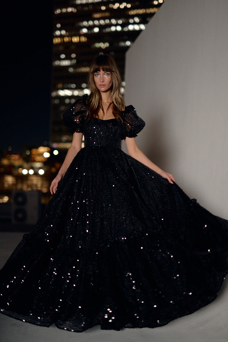 Selkie Women's Onyx Sequined Maxi Gown, Polyester Organza with sequins, Female