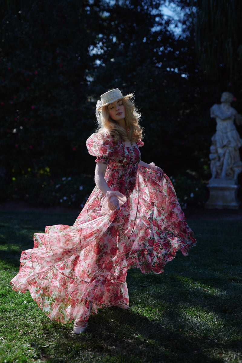 red dress with roses Rose Off-Shoulder Princess With a mermaid style design and a side slit Selkie Sheer Silk Gauze Ruffle