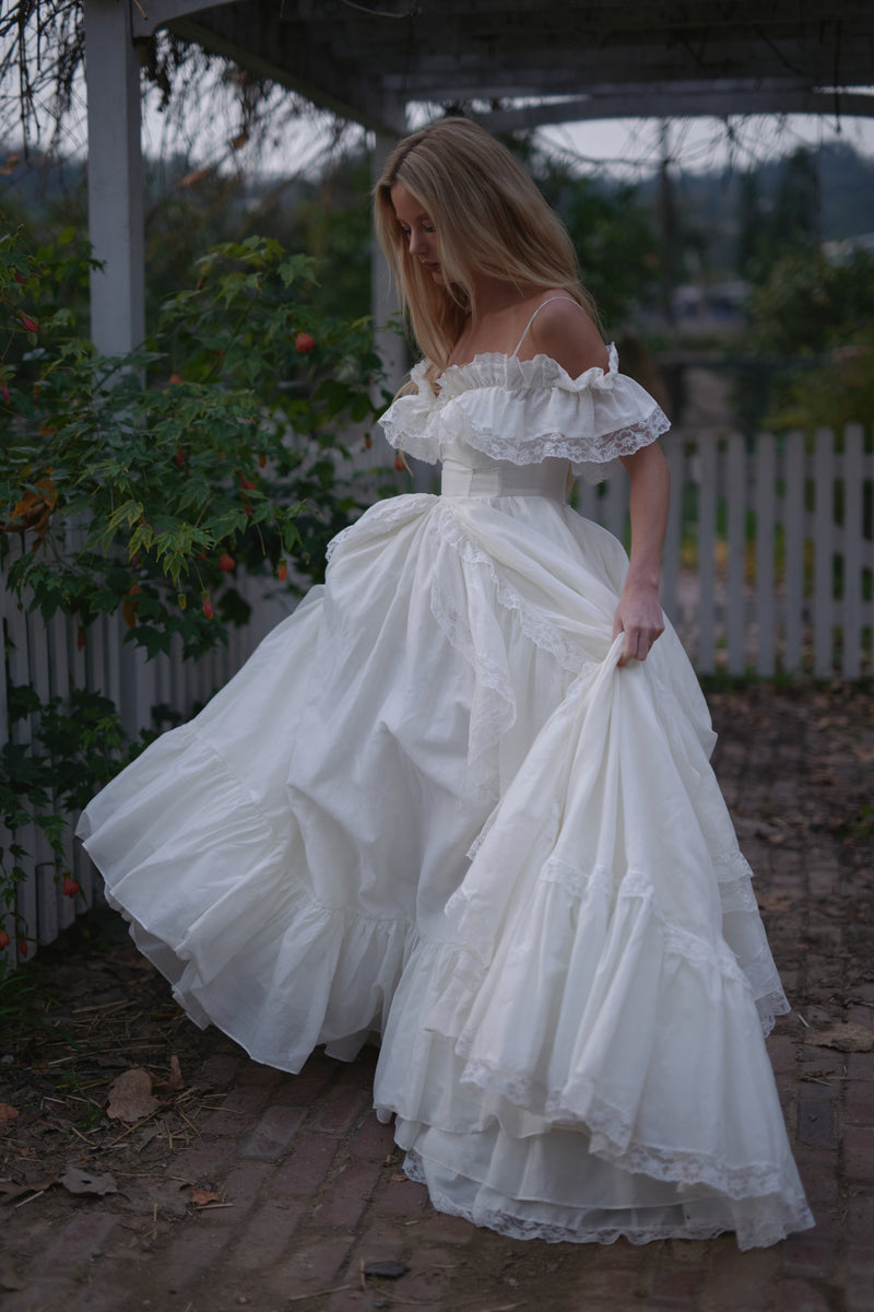 Selkie Women's Ivory Organdy Gown with Ruffled Lace Trim, Full Cups, and Long Train for Female Selkie Women's Ivory Organdy Gown with Ruffled Lace Trim, Full Cups, and Long Train for Female