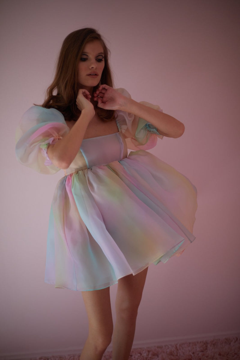 Selkie Sheer Bandeau Puff Dress, Rainbow Color, 100% Polyester Organza, Female