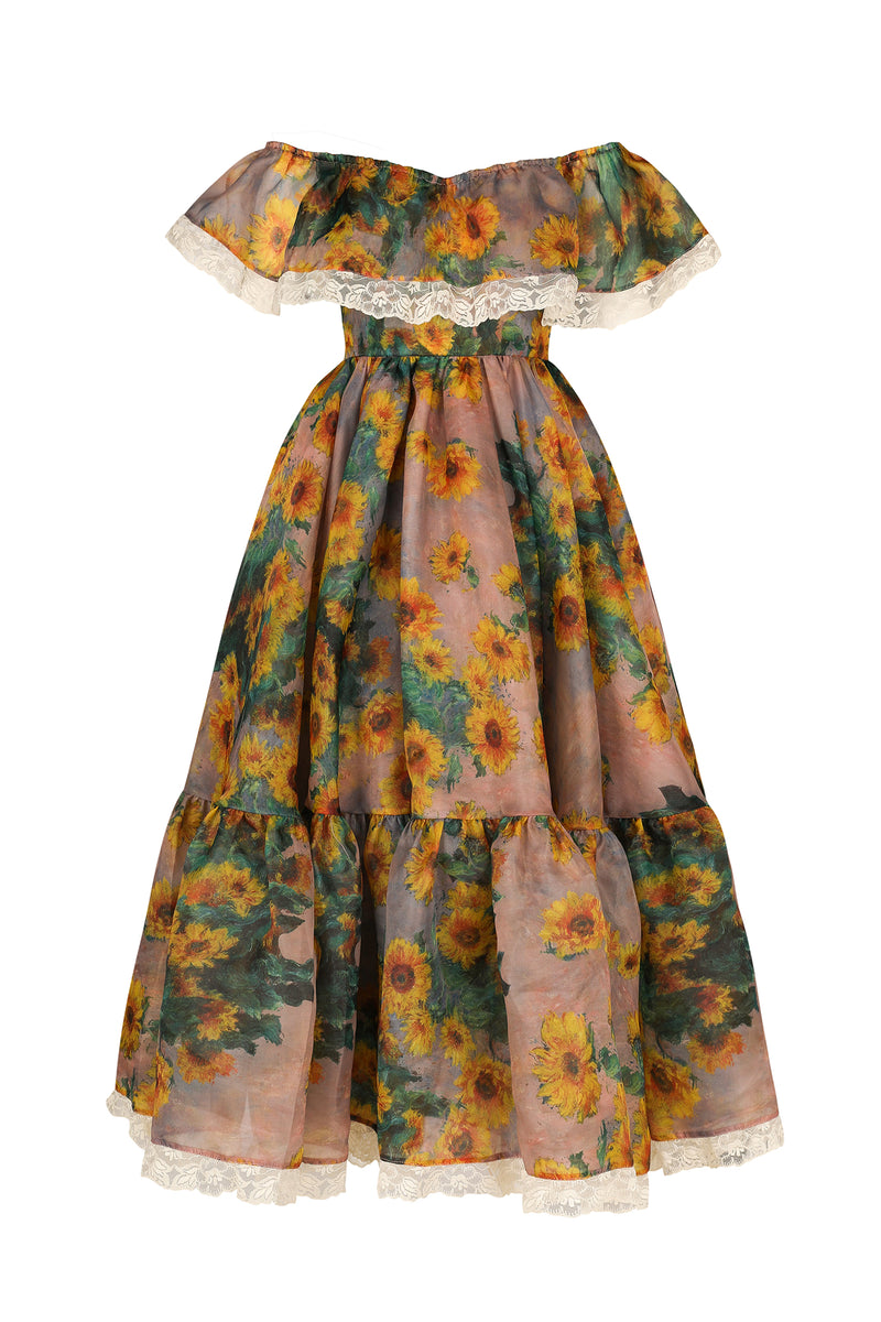 selkie off-the-shoulder floral maxi dress The Monet Sunflowers Romance Novella – Selkie