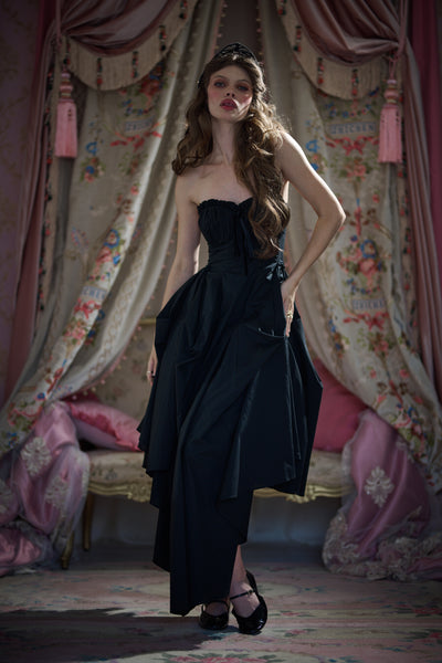 Selkie Strapless Black Ruched Gown for Women, S
