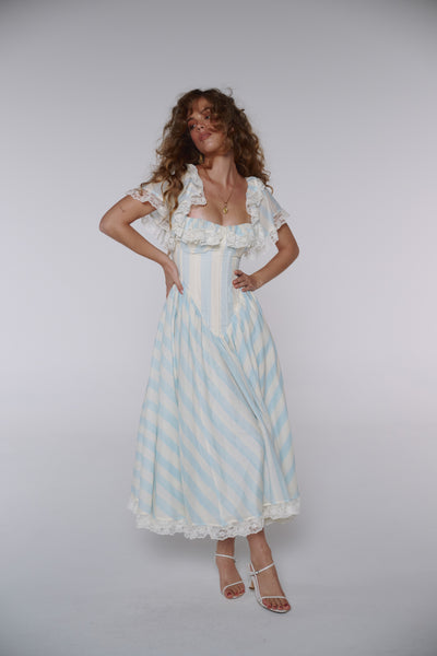 Selkie Women's Cornflower Blue Cotton Gauze Basque Waist Corset Midi Dress, 2X