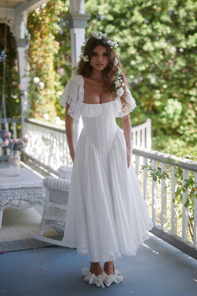 Selkie Women's White Sheer Cotton Gauze Corset Midi Dress, 3X