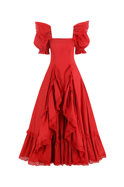 Selkie Women's Red Paper Cotton Midi Dress with Lace Detail, M