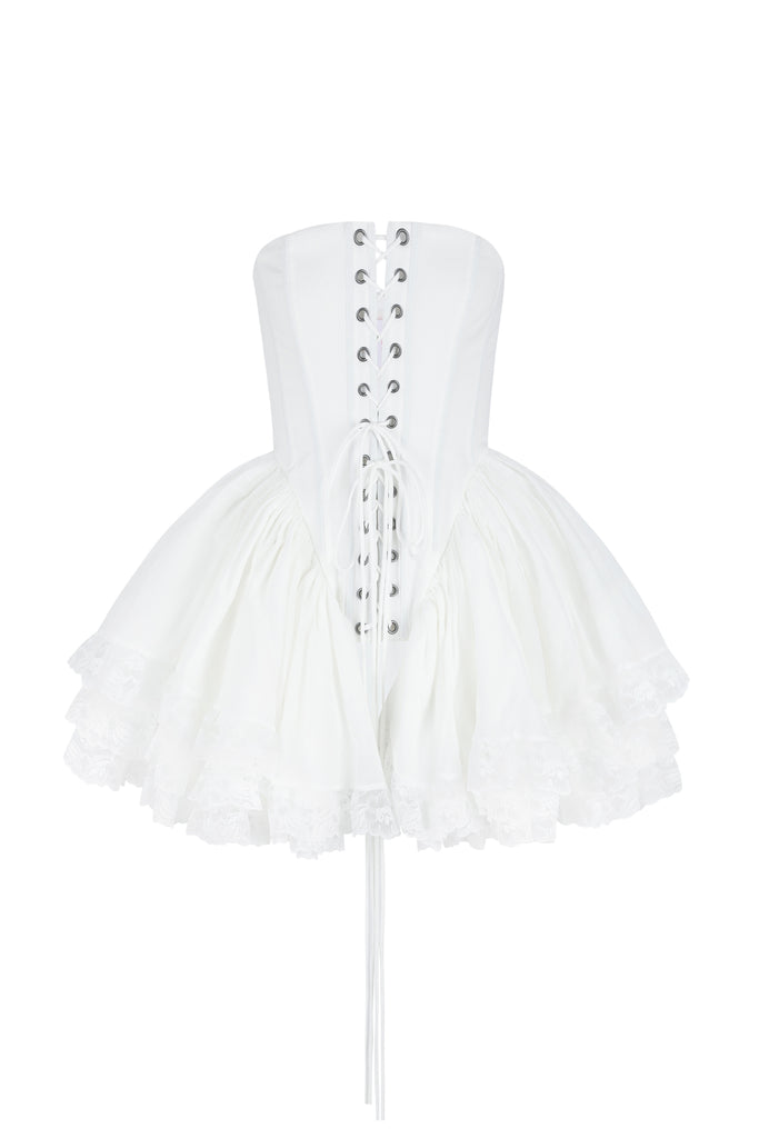 A white Victorian-style corset with a lace-up front and a flared skirt.