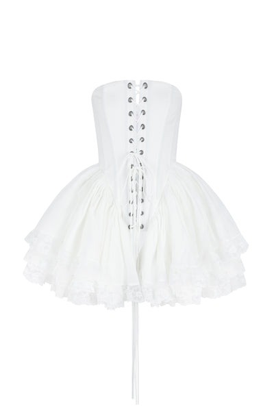 Selkie Women's Cotton Gauze Basque Waist Corset with Lace Trim, Adjustable Front Lacing, Attached Skirt for Female