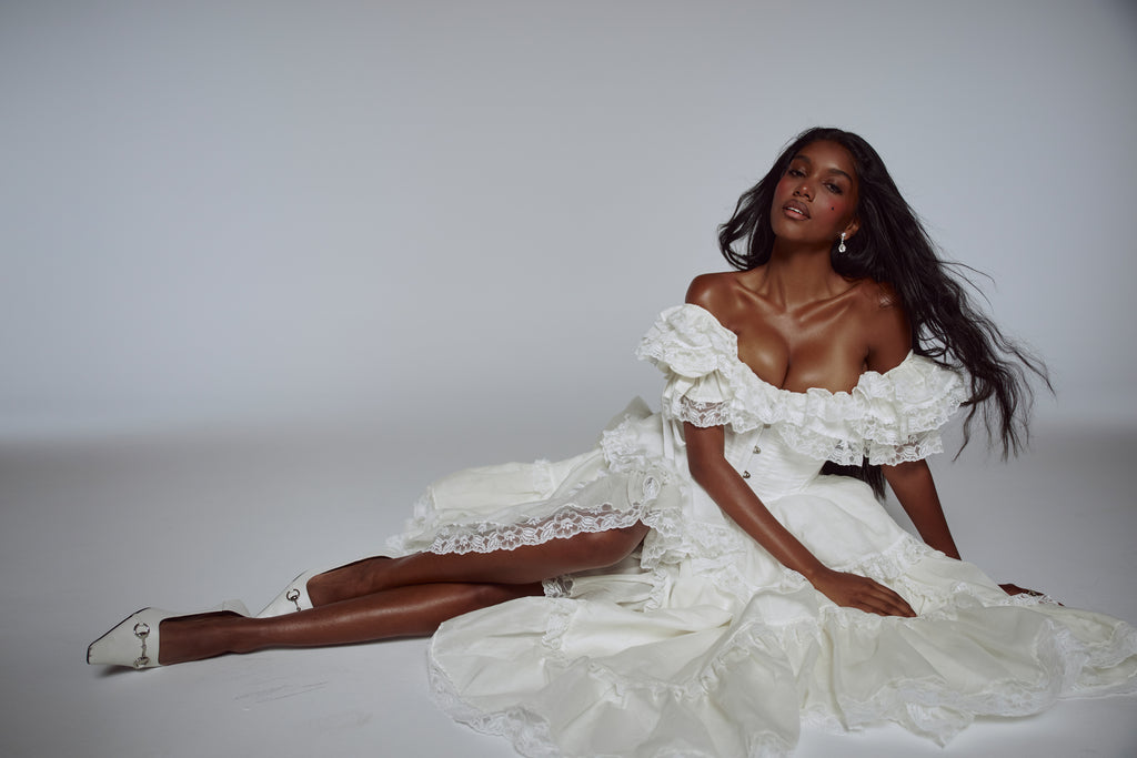 selkie off the shoulder dress Selkie Women's Ivory Organdy Gown with Ruffled Lace Trim, Full Cups, and Long Train for Female