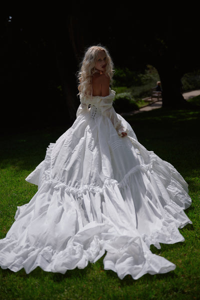 Selkie Ivory Poly Organdy Lace-trimmed Open-front Skirt with Bustle and Train, 1X