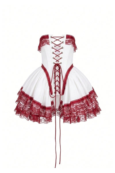 Selkie Women's Cotton Gauze Basque Waist Corset, Ivory and Crimson, XL