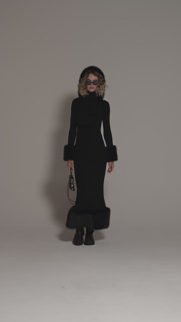 black selkie dress Women's Full-length Body-con Knit with Faux Fur Trim, XL it can be worn Size:Cathedral (150